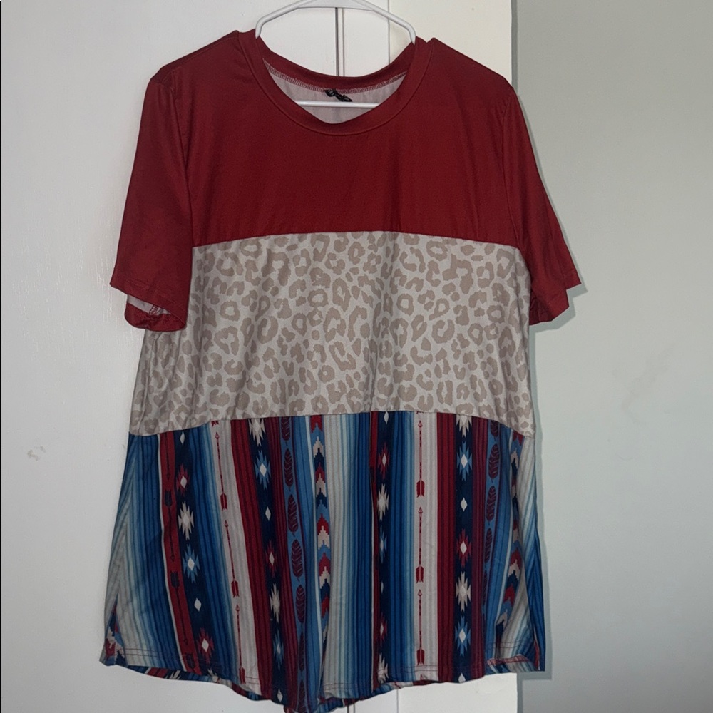 Crazy Train Burnt Red And Patterned Colorblock T-… - image 2